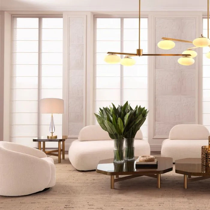Table Lamp Stilla, shown in ivory and clear with fabric, crystal glass, and fabric drum shade for diffused ambient light.