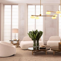 Table Lamp Stilla, shown in ivory and clear with fabric, crystal glass, and fabric drum shade for diffused ambient light.