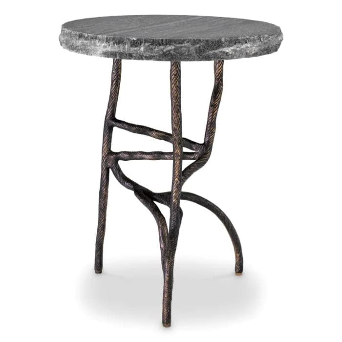 Side Table Dreyfus, shown in charcoal gray and black with marble, metal, and compact round tabletop.