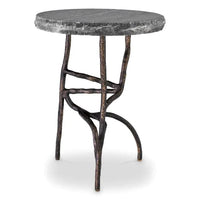 Side Table Dreyfus, shown in charcoal gray and black with marble, metal, and compact round tabletop.