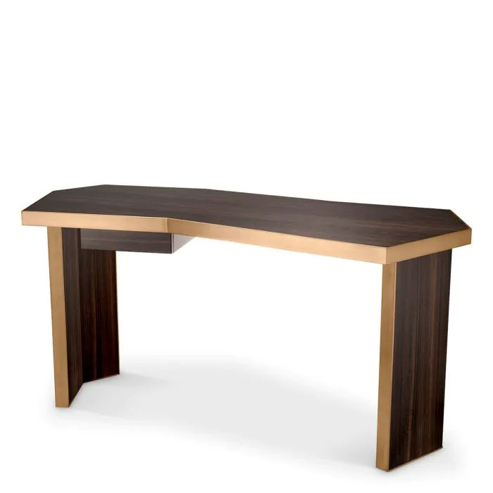 Desk Xenon eucalyptus veneer brushed brass finish, shown in dark brown and brushed gold with eucalyptus veneer and wood.