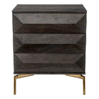 Bedside Table Denver, shown in dark charcoal gray and warm brass gold with wood, metal, and three full-extension drawers.