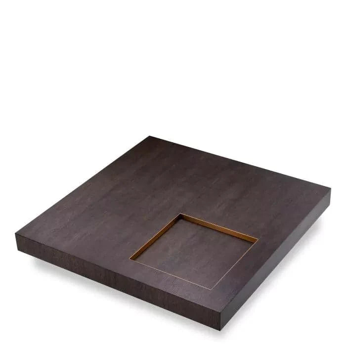Alternate view of Coffee Table Otus Square, featuring brushed bronze finish, wood, metal, and integrated recessed tray.