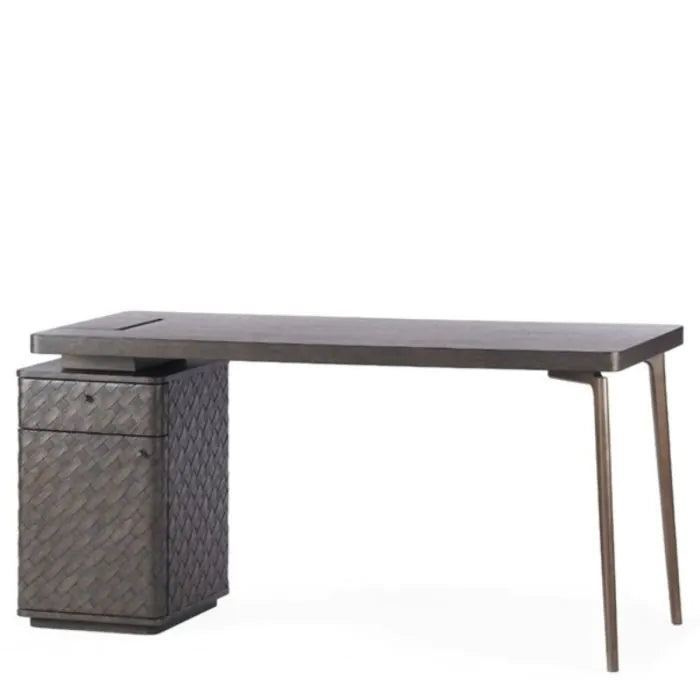 Desk Fiji woven oak veneer, shown in dark brown and bronze-brown with oak veneer and metal.