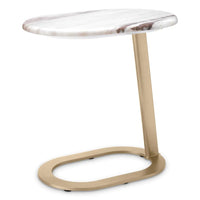 Side Table Oyo, shown in white and brass gold with marble, metal, and c-shaped cantilever base that slides under seating.