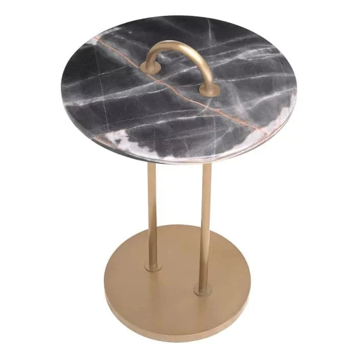 Alternate view of Side Table Zappa, featuring polished finish, marble, brass, and integrated arched carrying handle.