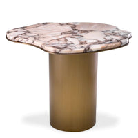 Side Table Shapiro, shown in blush pink marble and cream marble with marble, brushed metal, and a cylindrical pedestal base.