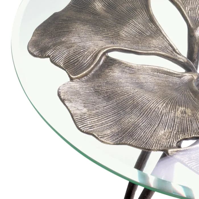 Additional view of Side Table Poseidon in silver and clear, featuring textured finish and round glass tabletop.