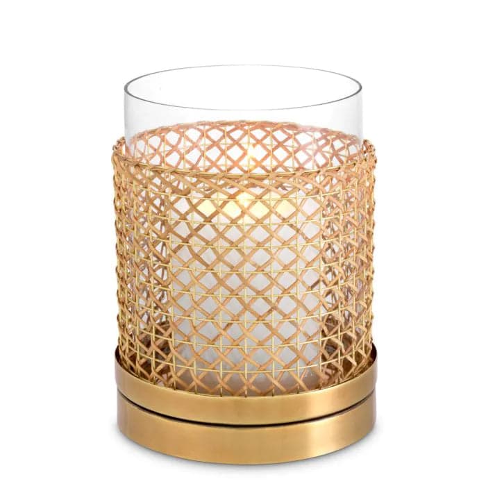 Alternate view of Hurricane Zimmerman, featuring vintage brass finish, glass, rattan, and single-candle hurricane enclosure.