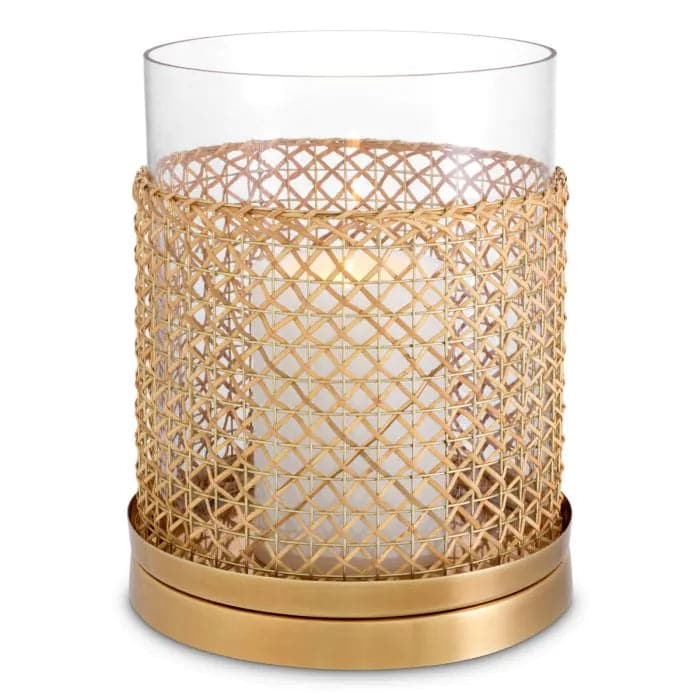 Hurricane Zimmerman, shown in gold and clear with glass, rattan, and single-candle hurricane enclosure.