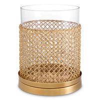 Additional view of Hurricane Zimmerman, featuring vintage brass finish, glass, rattan, and single-candle hurricane enclosure.