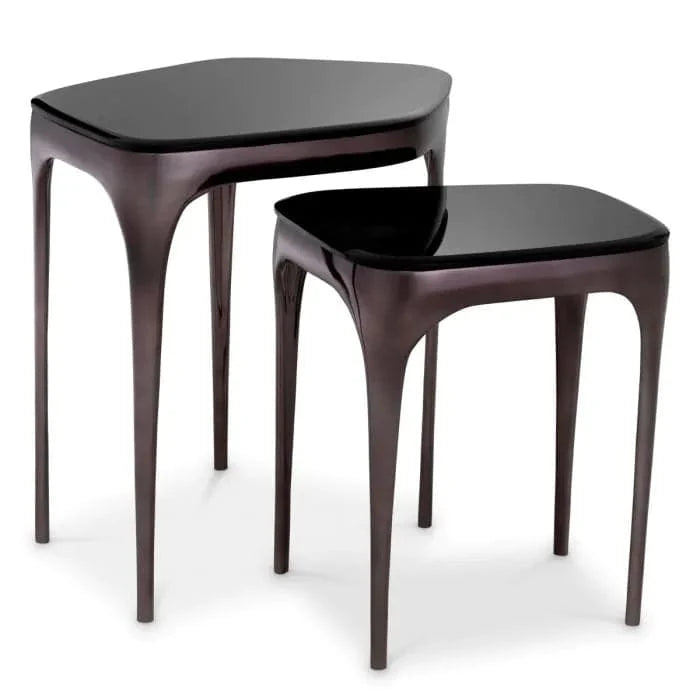 Side Table Deacon, shown in black and dark bronze with glass, metal, and nesting capability.