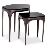 Side Table Deacon, shown in black and dark bronze with glass, metal, and nesting capability.