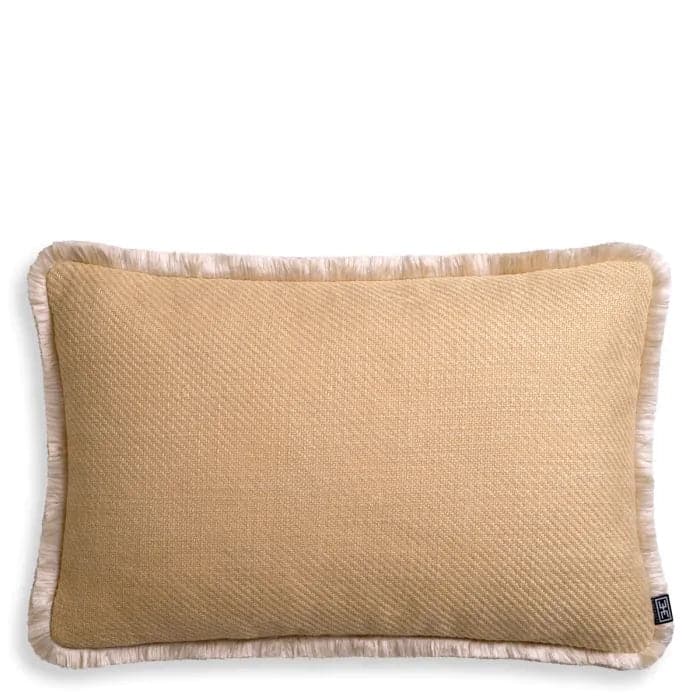 Cushion Cancan Rectangular, shown in gold and dusty pink with fabric and brush fringe trim.