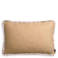 Cushion Cancan Rectangular, shown in gold and dusty pink with fabric and brush fringe trim.