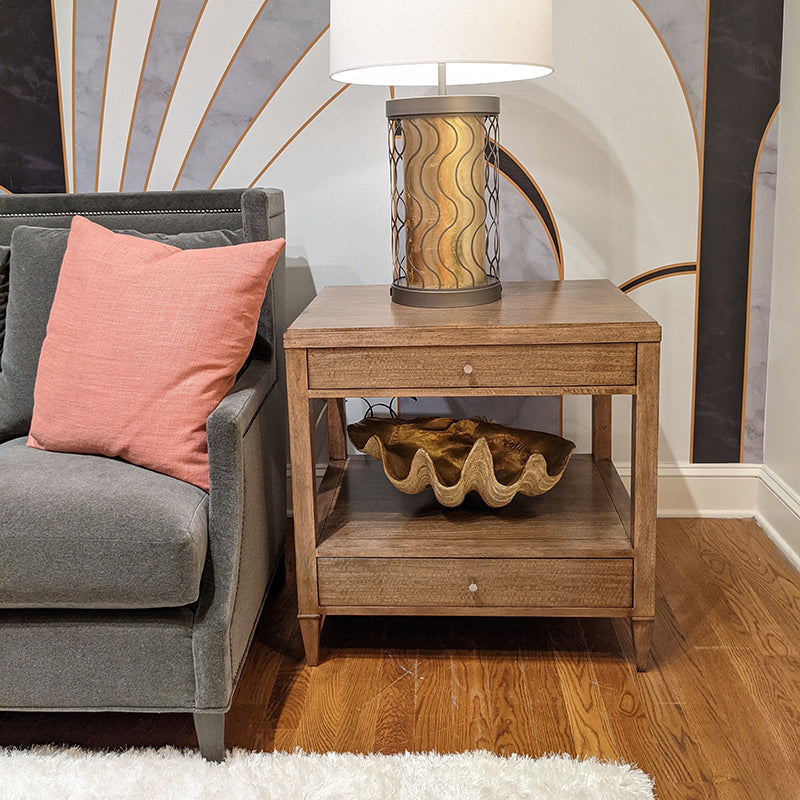 Alternate view of Thompson Bedside Table in light taupe brown and warm sandy oak.