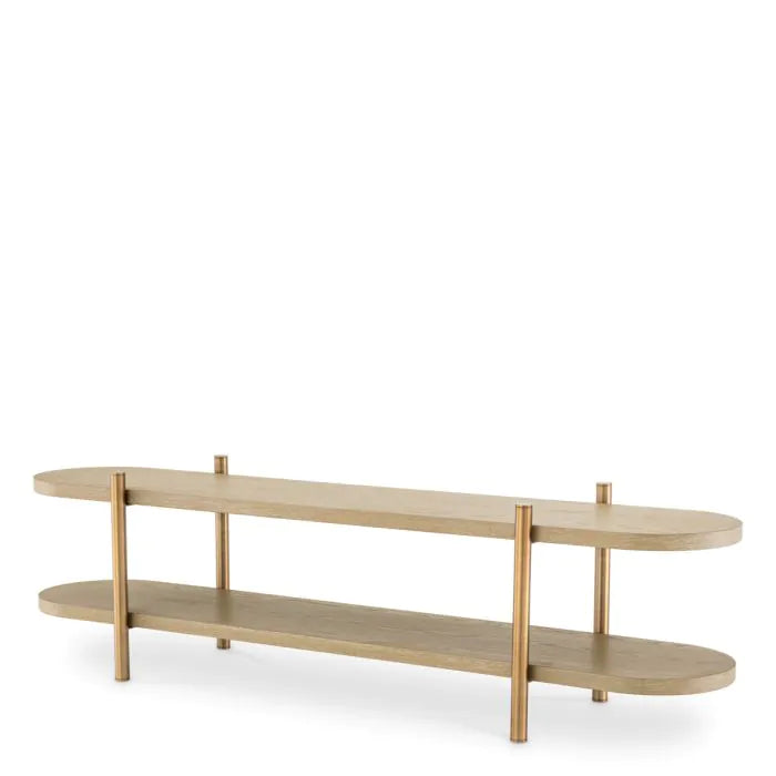 Cabinet Scario washed oak veneer, shown in light oak and beige with oak veneer, wood, and two open elongated shelves.