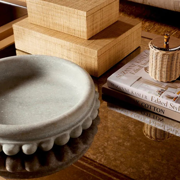 Alternate view of Bowl Yerba white marble, featuring polished finish, marble, and shallow open basin.