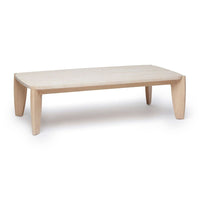 Rocco Cocktail, shown in beige and cream with travertine, wood, and low cocktail height.
