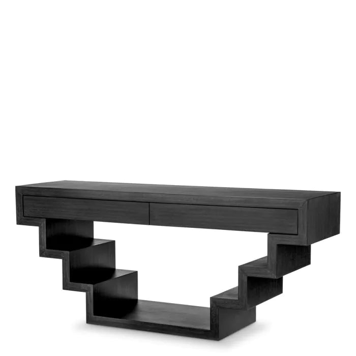 Console Table Rialto charcoal grey oak veneer, shown in charcoal and black with oak veneer and wood.