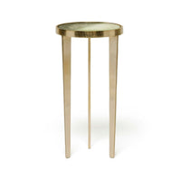 Jan Round Drink Table, shown in gold and antique-mirror silver-green with metal, mirrored glass, and a compact round top.