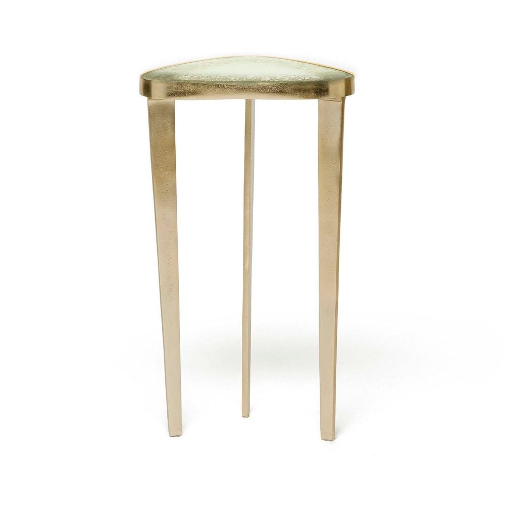 Jan Drink Table, shown in gold and antique green-gold with metal, glass, and a compact elevated surface.