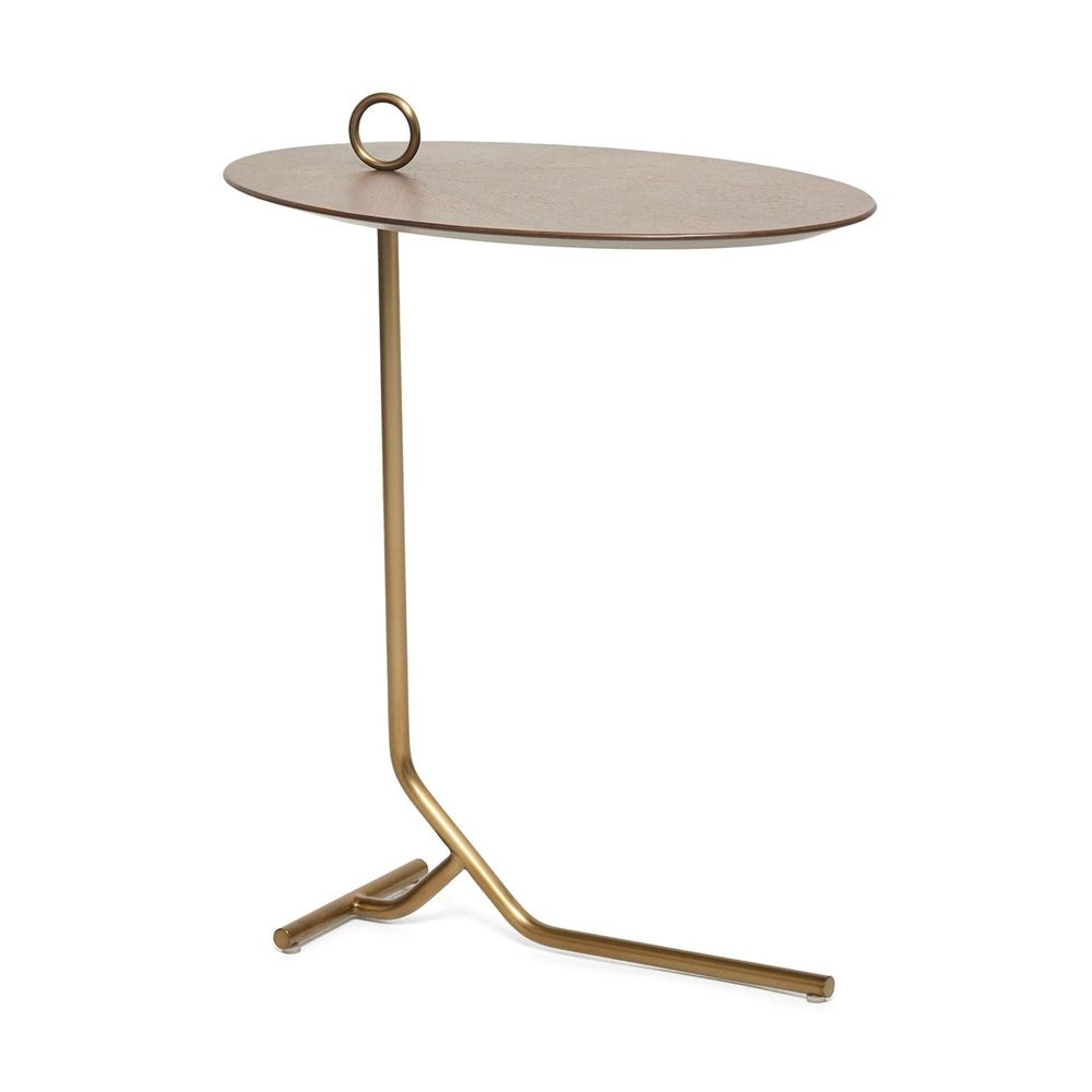Alternate view of Owen Drink Table in warm walnut brown and antique brass gold.
