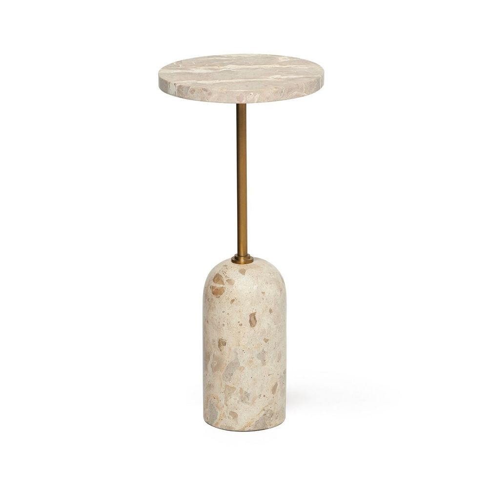 York Drink Table, shown in beige and cream with marble, metal, and a compact round top.