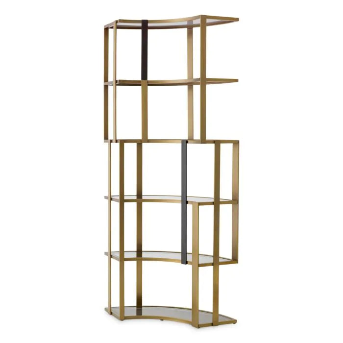 Cabinet Clio Corner brushed brass finish, shown in brushed brass gold and warm metallic gold with metal and glass.