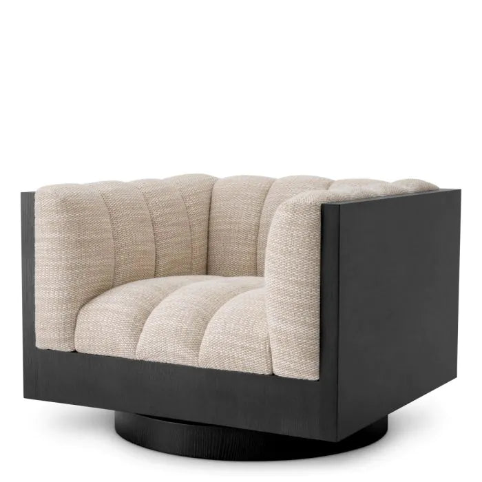 Swivel Chair Davide skyward sand, shown in beige and black with woven fabric, wood, and a swivel base.