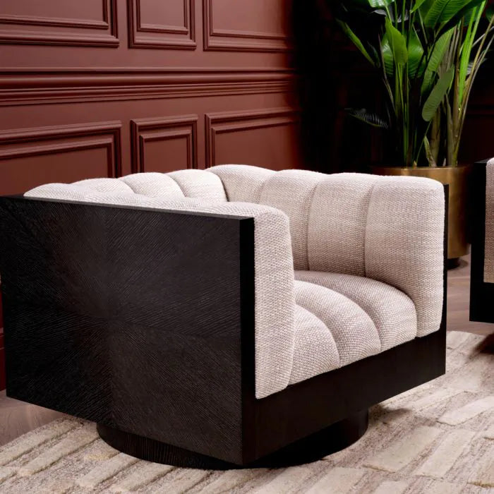 Alternate view of Swivel Chair Davide skyward sand, featuring textured weave finish, woven fabric, wood, and a swivel base.