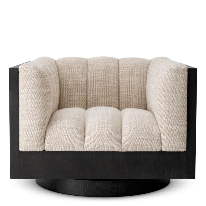 Additional view of Swivel Chair Davide skyward sand in beige and black, featuring textured weave finish and a swivel base.