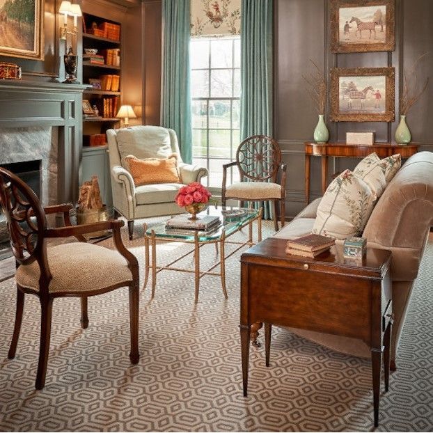 Alternate view of Hepplewhite Arm Chair, featuring polished finish, wood, fabric, and fixed arms.