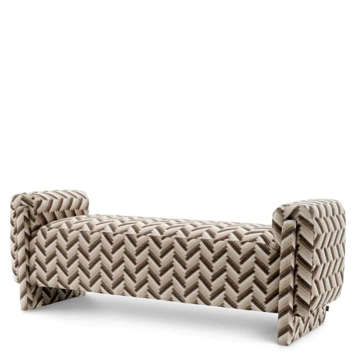 Bench Del Vale chevron brown, shown in beige and brown with upholstery fabric, textile, and fixed rolled end arms.