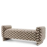 Bench Del Vale chevron brown, shown in beige and brown with upholstery fabric, textile, and fixed rolled end arms.