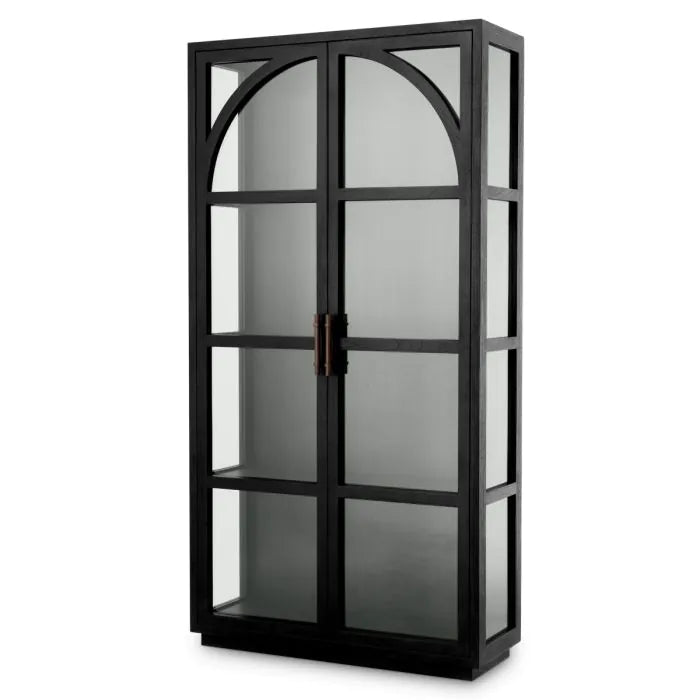 Cabinet San Bernardino classic black, shown in black with wood, glass, and double glass doors.