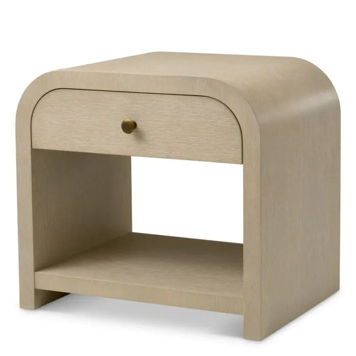 Nightstand Rhodes washed oak veneer, shown in light beige and warm taupe with oak veneer and wood.