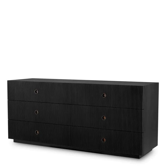 Drawer Chest Dimitrios charcoal grey oak veneer, shown in charcoal black and matte black with oak veneer and wood.