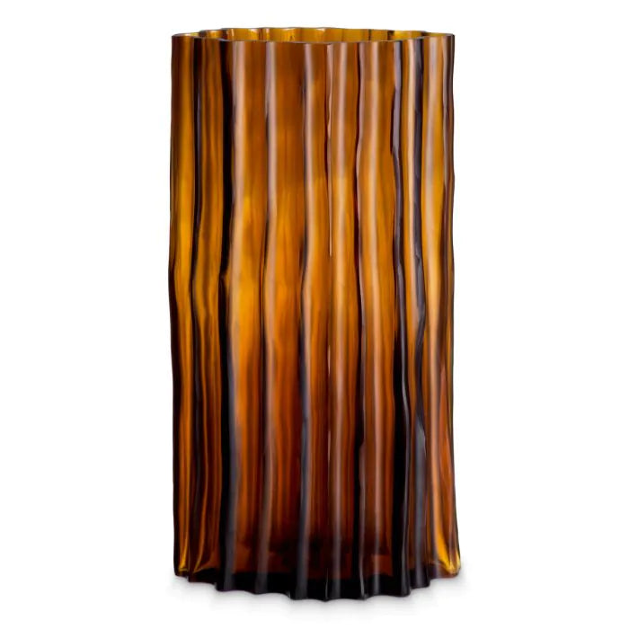 Vase Vivente L amber glass, shown in amber and tortoise-shell brown with glass and open top vessel.