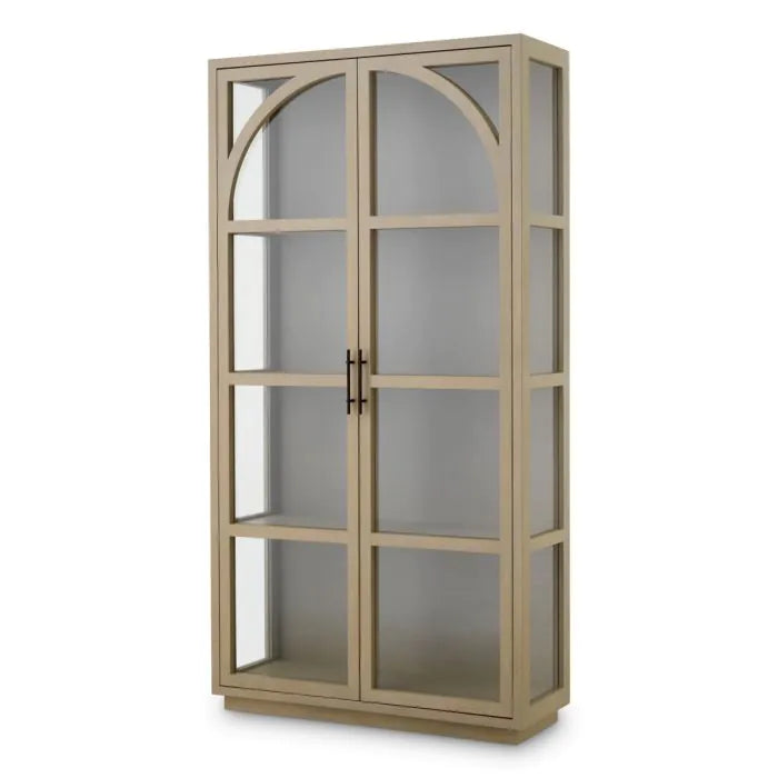 Cabinet San Bernardino washed oak veneer, shown in washed beige oak and light taupe with oak veneer and glass.