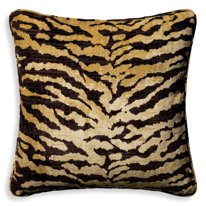 Cushion Tigris brown 60 x 60 cm, shown in golden beige and dark brown with velvet.