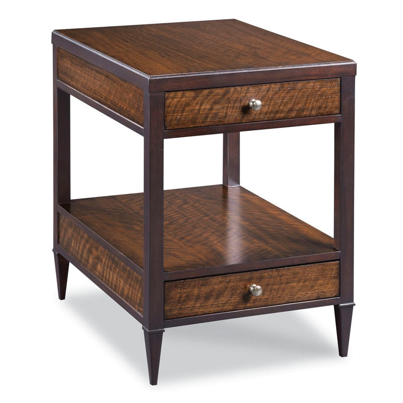 Tribeca Rectangular Side Table, shown in dark espresso brown and medium amber brown with wood and figured wood veneer.