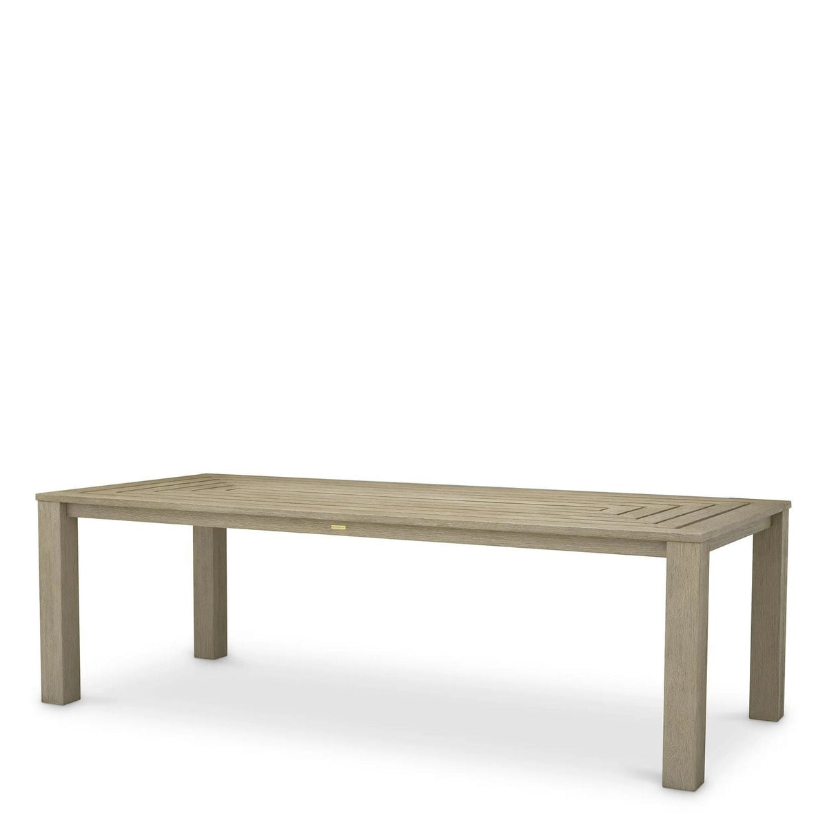 Outdoor Dining Table Vistamar Aged Teak, shown in light beige and taupe with teak and wood.