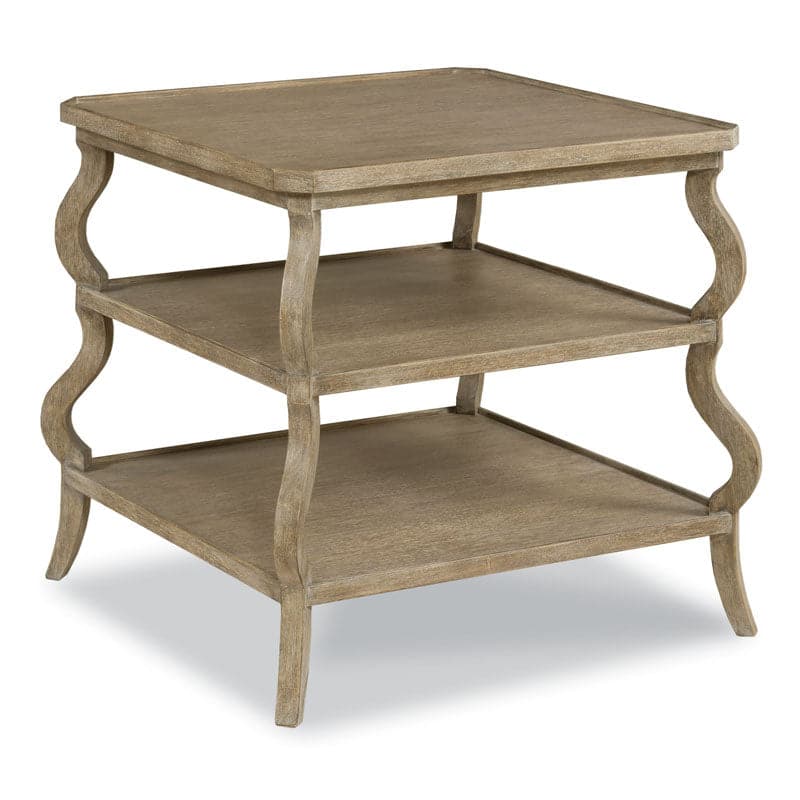 Vintage Tiered Side Table, shown in taupe and light brown with wood, oak, and three open fixed shelves.