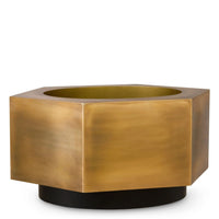 Planter Montura Low Vintage Brass Finish, shown in brushed brass gold and black with metal and stainless steel.