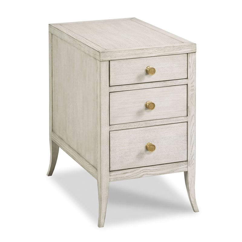Vega Chairside Chest, shown in ivory and pale gray with ash wood, ash veneer, and three stacked drawers.