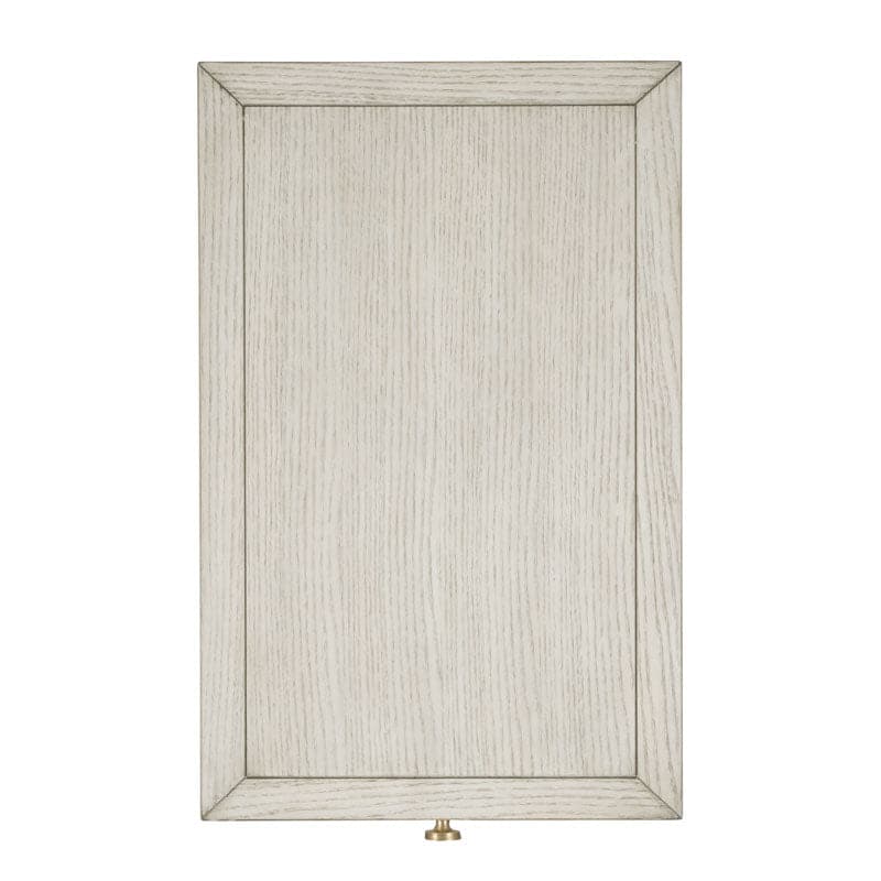 Alternate view of Vega Chairside Chest, featuring light washed finish, ash wood, ash veneer, and three stacked drawers.