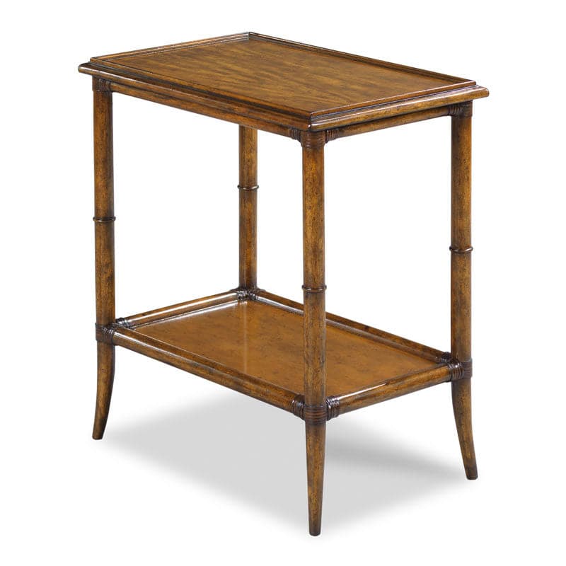Linwood Drink Table, shown in honey brown and amber brown with wood, leather, and integrated lower shelf.