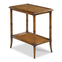 Linwood Drink Table, shown in honey brown and amber brown with wood, leather, and integrated lower shelf.
