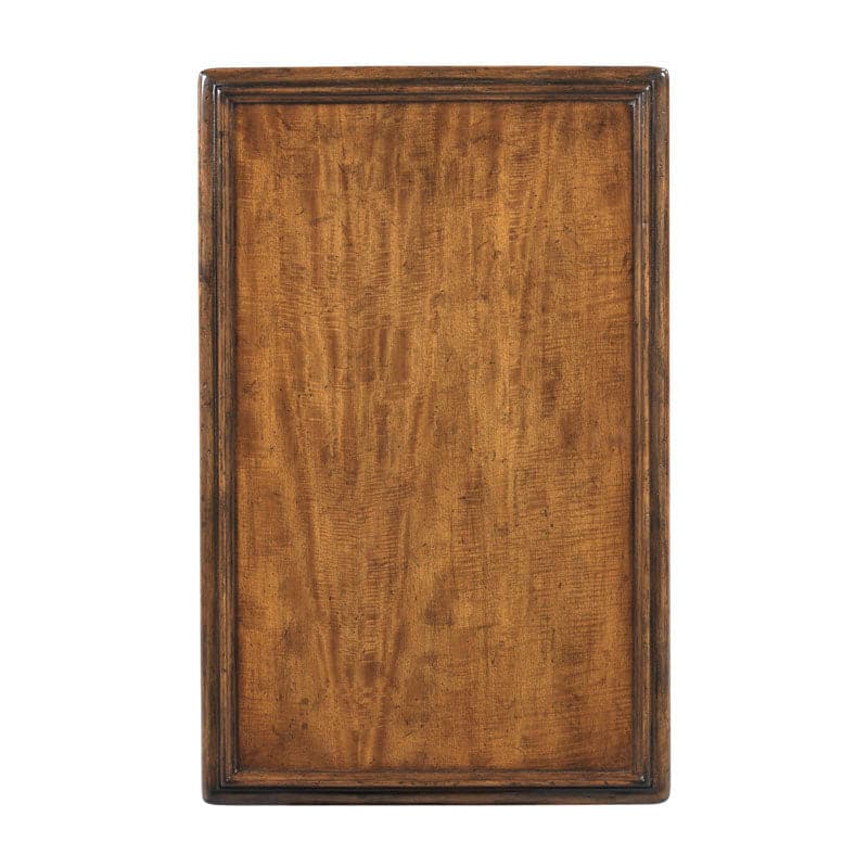 Alternate view of Linwood Drink Table, featuring stained finish, wood, leather, and integrated lower shelf.